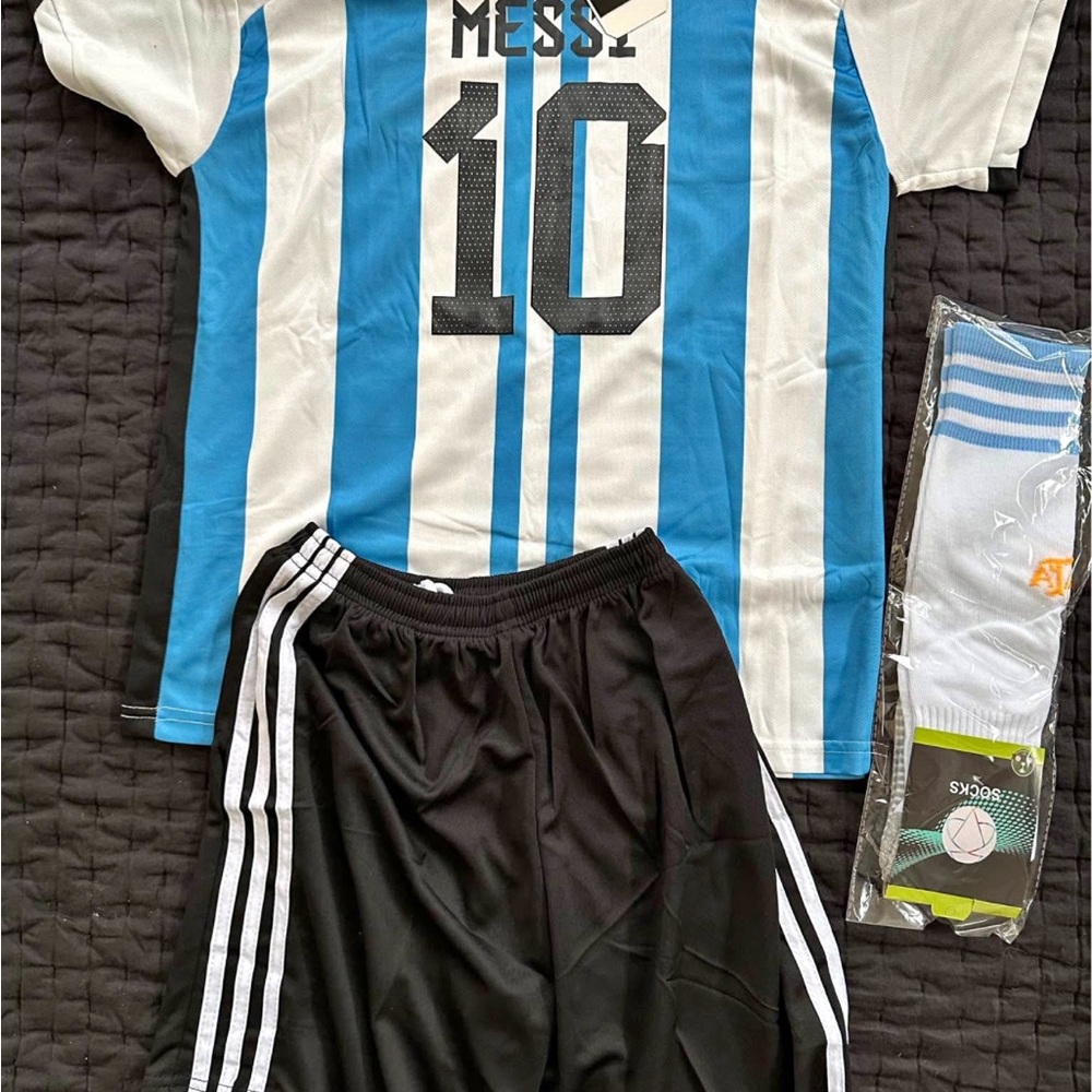 Messi #10 Argentina-Style Blue & White Soccer Jersey with Black Shorts and sox